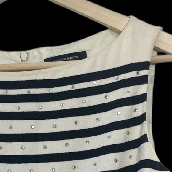 Nanette Lepore Champagne/Black Rhinestone Trim Sheath Dress Sz 6 - Picture 6 of 9